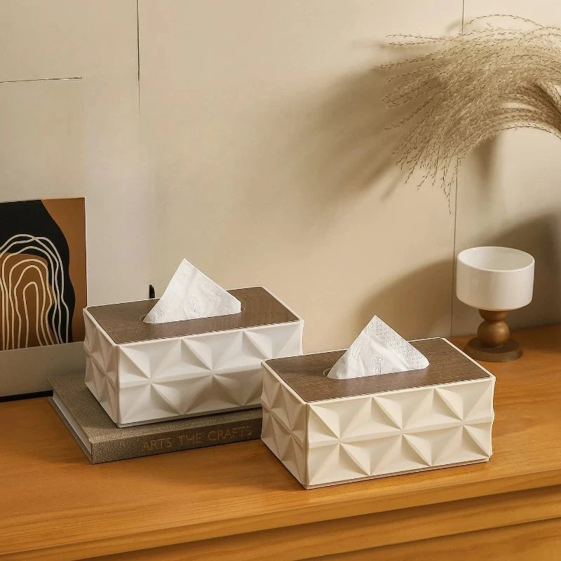 1PC Large Capacity Corrugated Tissue Box with Sturdy Solid Wood Lid Minimalist Desktop Storage Space Saving Home Decor