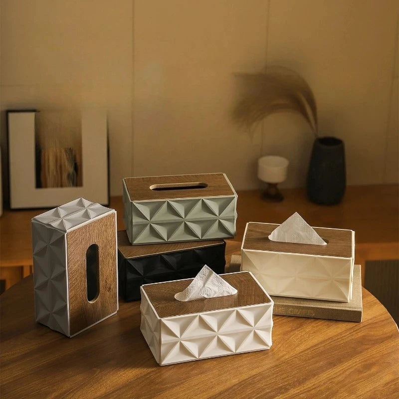 1PC Large Capacity Corrugated Tissue Box with Sturdy Solid Wood Lid Minimalist Desktop Storage Space Saving Home Decor