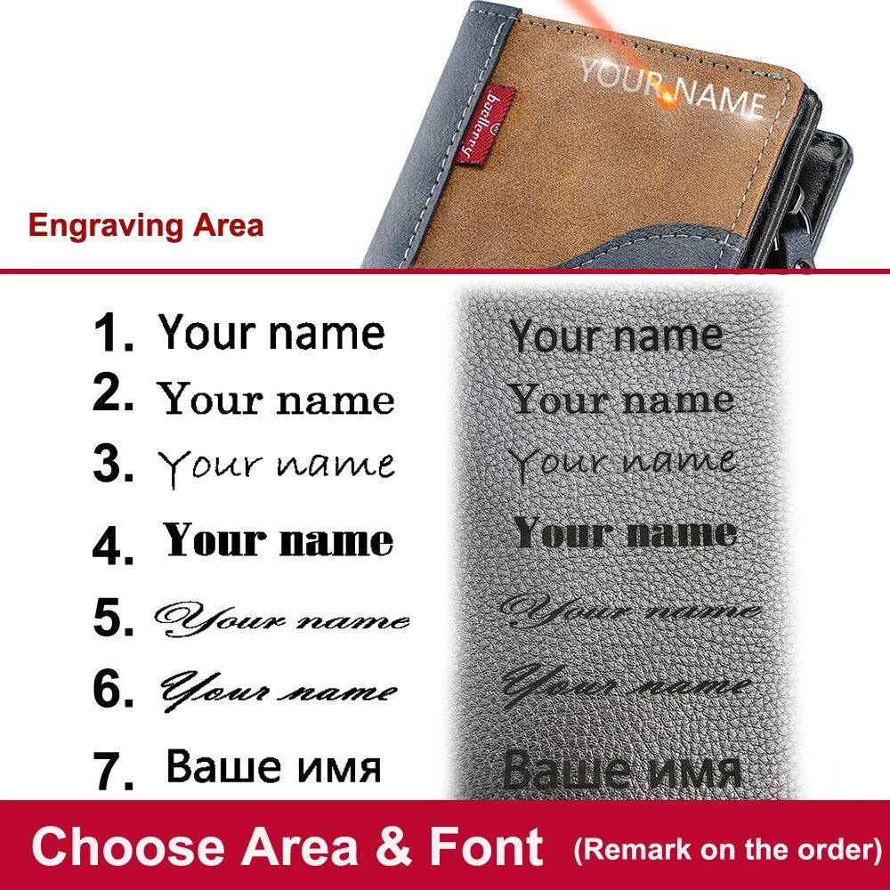 Name Engraving Large Capacity Men Wallets High Quality New Simple Short Card & Photo Holder Zipper Male Coin Purses