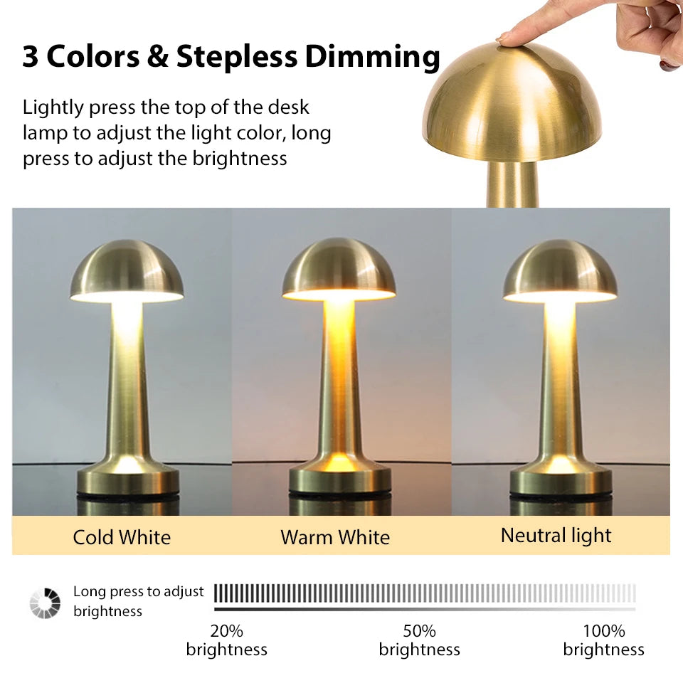 Rechargeable Mushroom Table Lamp Cordless LED Night Light Touch Dimmable Bedside Desk Lamp for Bedroom Living Room Home Decor
