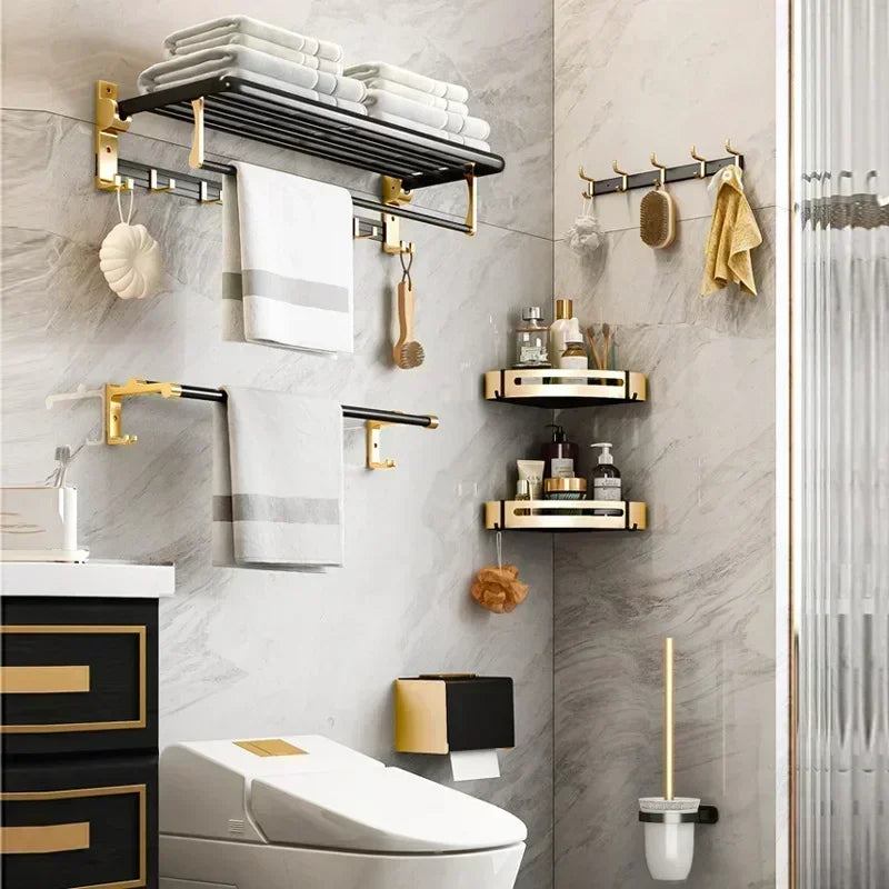Light luxury black gold bathroom storage rack, wall mounted bathroom towel rack, storage rack, bathroom accessories shelves