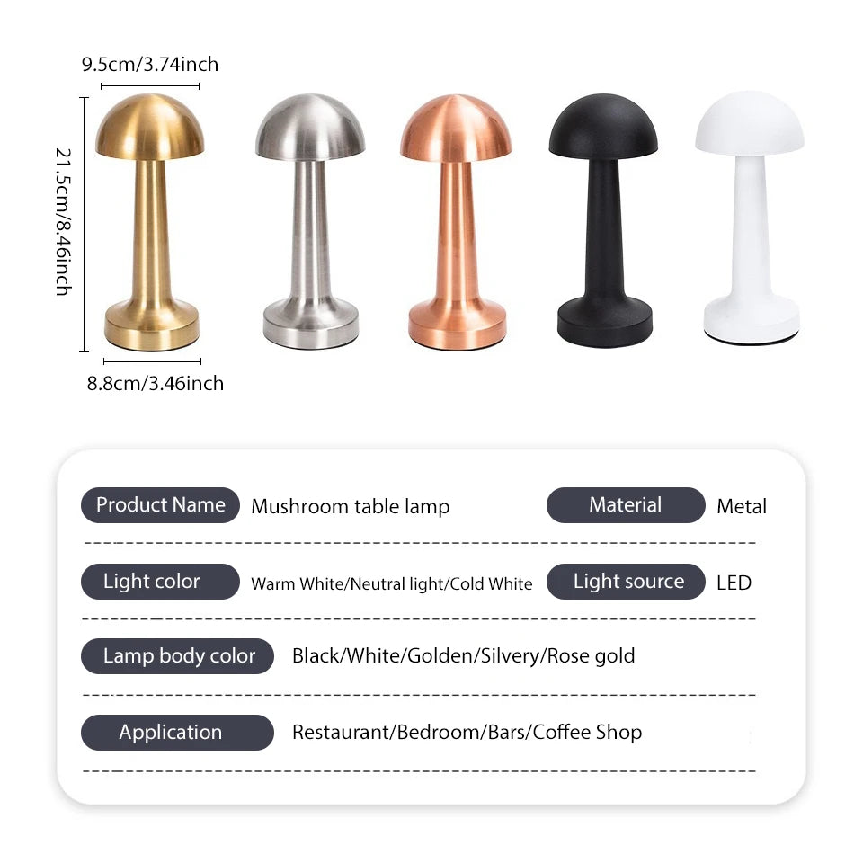 Rechargeable Mushroom Table Lamp Cordless LED Night Light Touch Dimmable Bedside Desk Lamp for Bedroom Living Room Home Decor