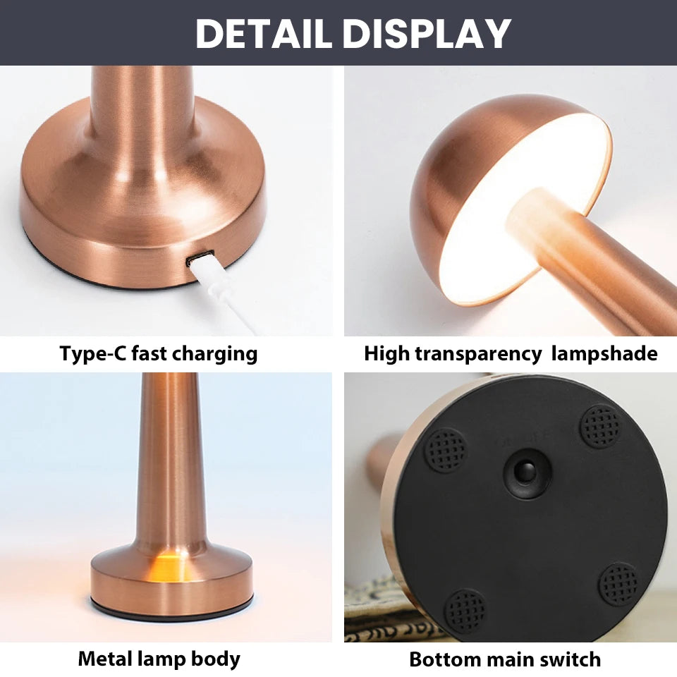 Rechargeable Mushroom Table Lamp Cordless LED Night Light Touch Dimmable Bedside Desk Lamp for Bedroom Living Room Home Decor