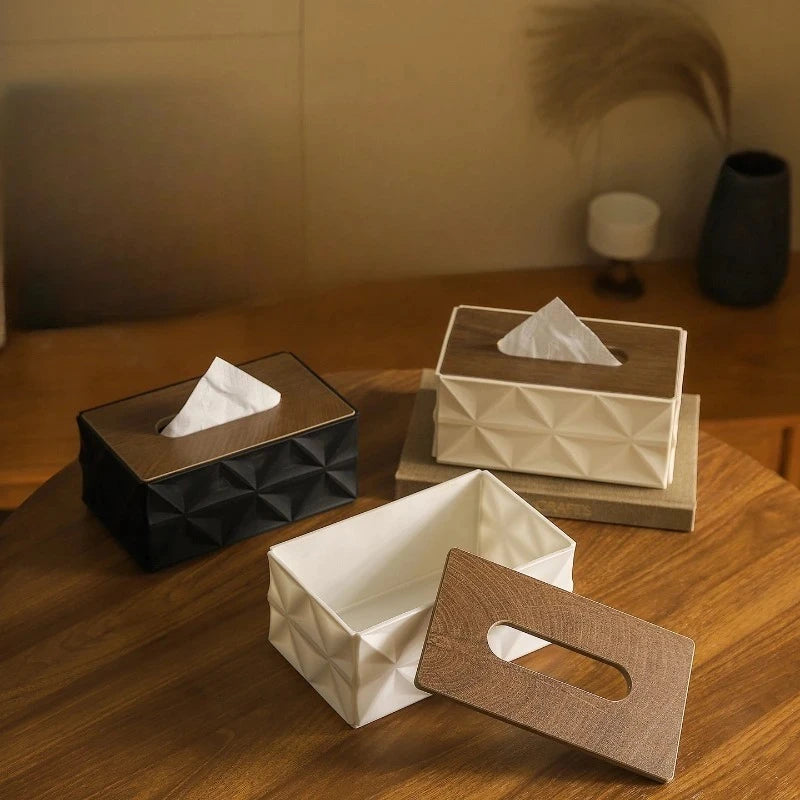 1PC Large Capacity Corrugated Tissue Box with Sturdy Solid Wood Lid Minimalist Desktop Storage Space Saving Home Decor