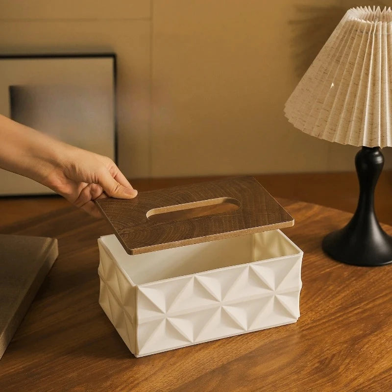 1PC Large Capacity Corrugated Tissue Box with Sturdy Solid Wood Lid Minimalist Desktop Storage Space Saving Home Decor